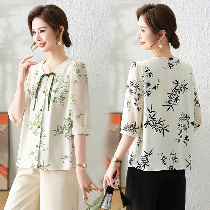 2025 новая летняя шифоновая рубашка для мам, новая рубашка в китайском стиле, топ с рукавом средней длины для женщин среднего и пожилого возраста