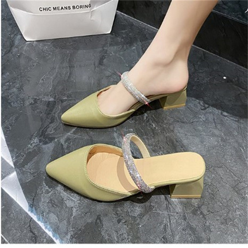  New Baotou Half Slippers Women's Summer Outerwear Thick Heel Pointed Toe Mules Fashionable Rhinestone Fairy High Heel Sandals