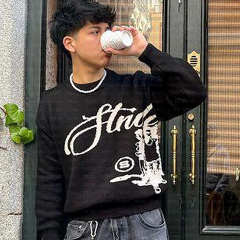 European and American Export New Trendy American Jacquard Street Hip-Hop Men's and Women's Same Style Knitted Pullover Sweater Y2K Style