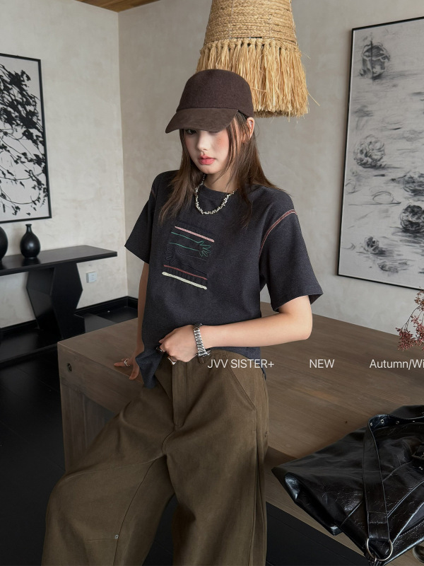 JVV十三行2025秋冬新款复古绣花图案双面德绒上衣短袖T恤女00631|undefined