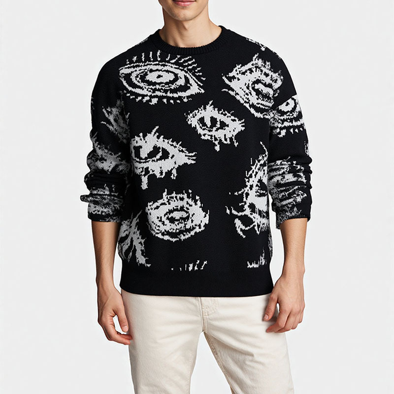 European and American Foreign Trade Round Neck Long-Sleeved Loose Sweater Knitwear with Jacquard Eye Pattern Personalized Warm Clothing Dropshipping