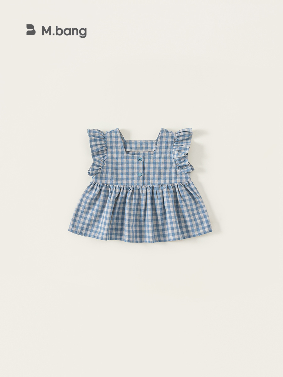 Youbao ropa para niños dulce verano nuevo producto blusa de cuello cuadrado para niños camisa de bebé a cuadros rosa para niñas pequeña camisa de manga voladora