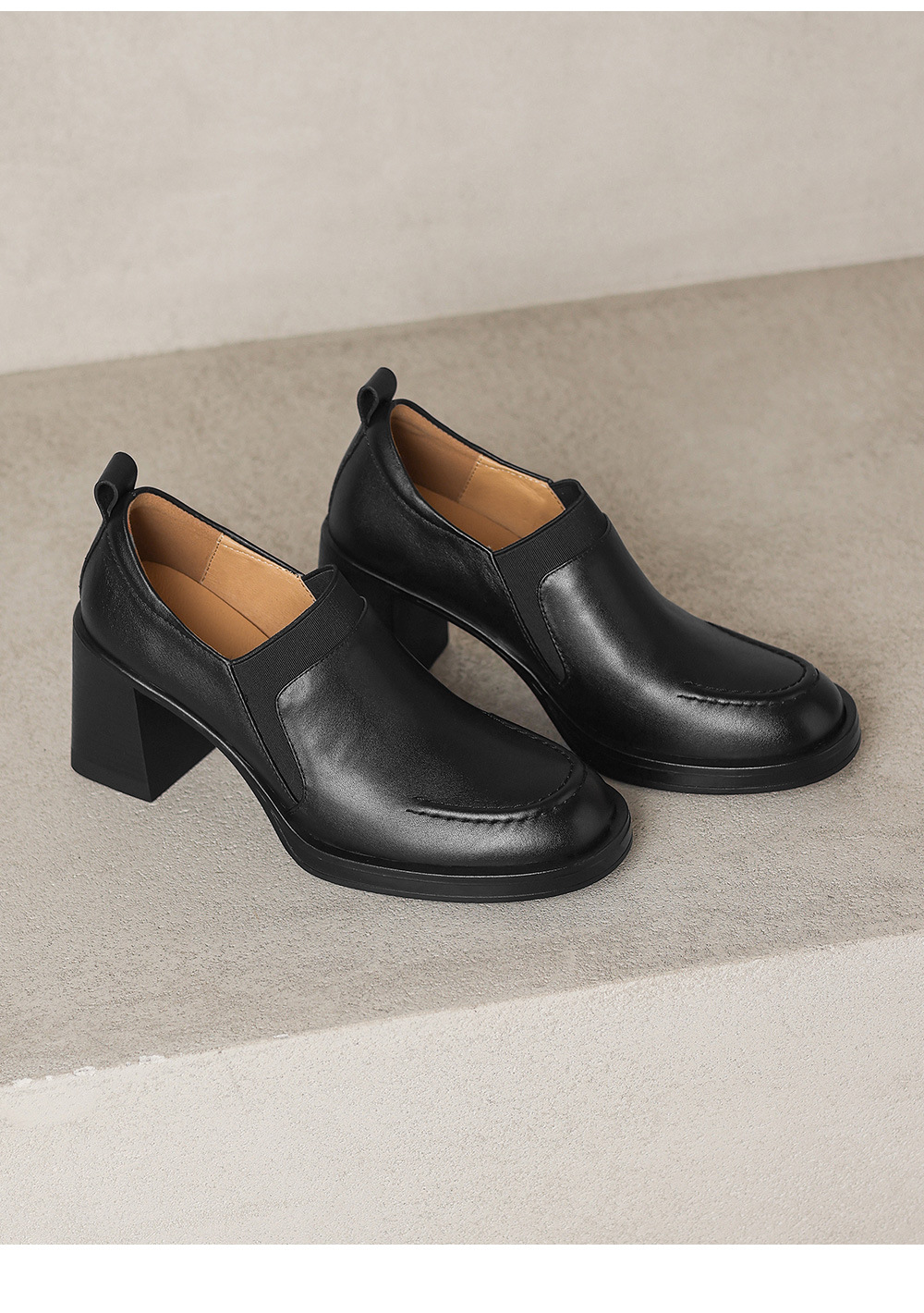Giày cao gót nữ loafer cổ điển mũi sâu gót vuông 7.5 cm da bò thật — màu nâu chi tiết 22