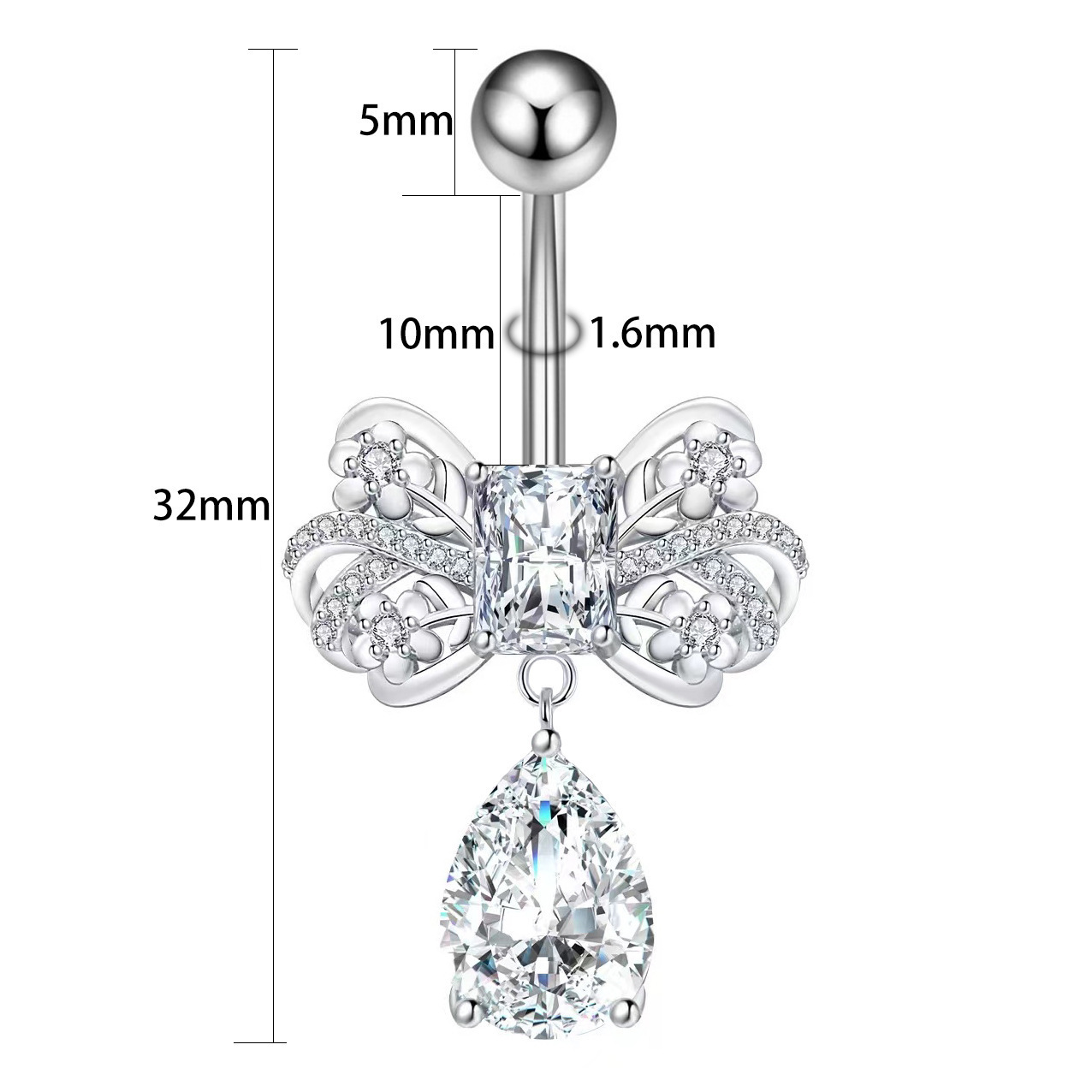 Piercing ombelico zircone con pendente a cuore e fiocco gioiello_voghion.com