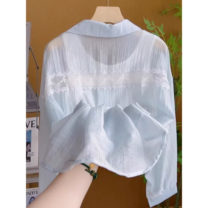 Синяя тонкая солнцезащитная рубашка с воротником-поло для женщин, летняя новая легкая и дышащая рубашка-кардиган с кружевом, куртка