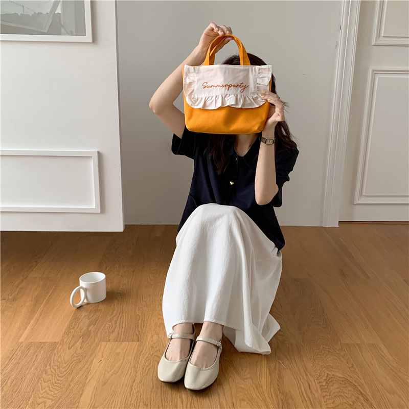 1441 Japanese and Korean chic Sweet ruffled bento Bag, Fresh embroidered hand-held small cloth bag, girl student bag wholesale undefined