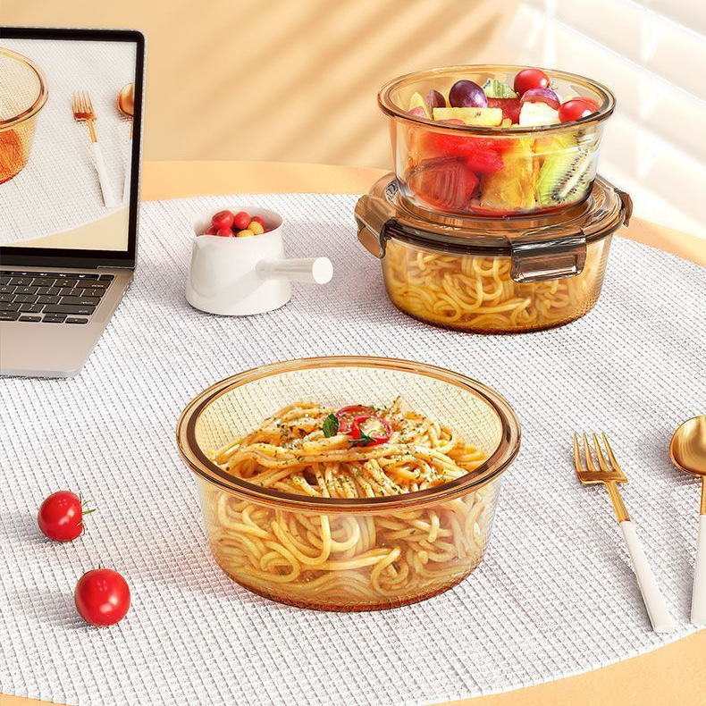Office Worker's Lunch Box, Round Sealed Container, Fresh-Keeping Box, High Borosilicate Glass Lunch Box, Microwave Heating Bowl