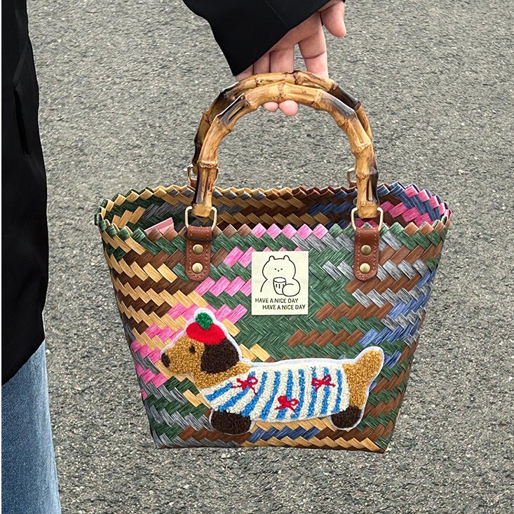 Dachshund Woven Vegetable Basket, Retro Rattan Handbag, Bamboo Straw Bag, Handmade Bamboo Bag, Beach Bag