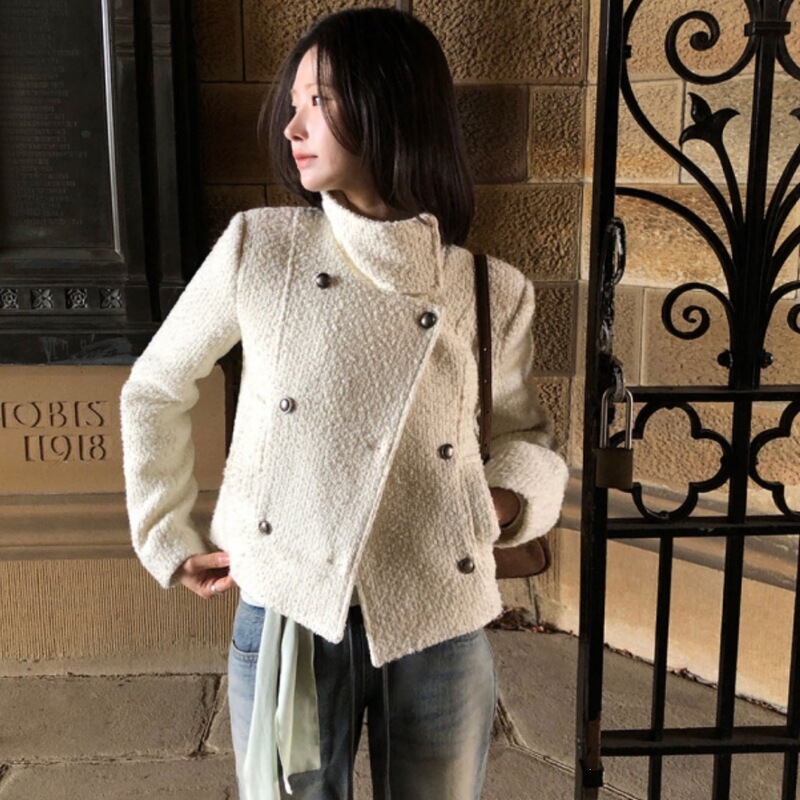 Double-breasted tweed blazer for women, Korean chic style, stand-up collar, straight-cut, slim fit, and elegant design