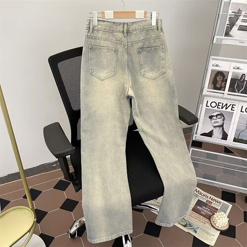 Washed yellow clay jeans, all-matching casual students 'pants, spring and autumn, American fashion brand loose wide-leg pants