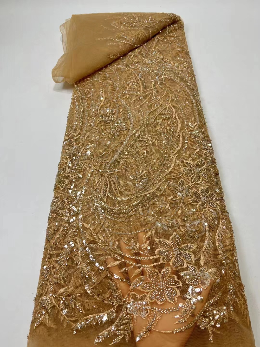 Boda cheongsam ropa de tela flor malla bordado del grano tubo lentejuelas tela con cuentas JX2769
