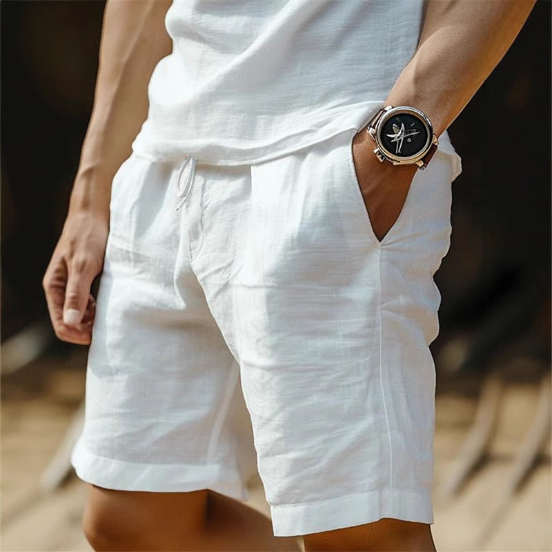 New cross-border cotton and linen shorts drawstring elastic waist straight leg solid color breathable daily beach five casual pants