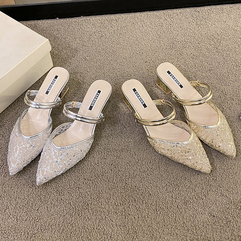 Foreign Trade Large Size Baotou Two-Wear High-Heeled Slippers for Women 2025 Spring and Summer New Fairy Style Cut Out Pointed Toe Thick Heel Slippers