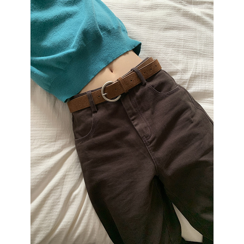 [Ready Stock] Can Be Worn in All Seasons! Brown Straight Jeans 2025 New Style Mid-High Waist Slim Casual Pants