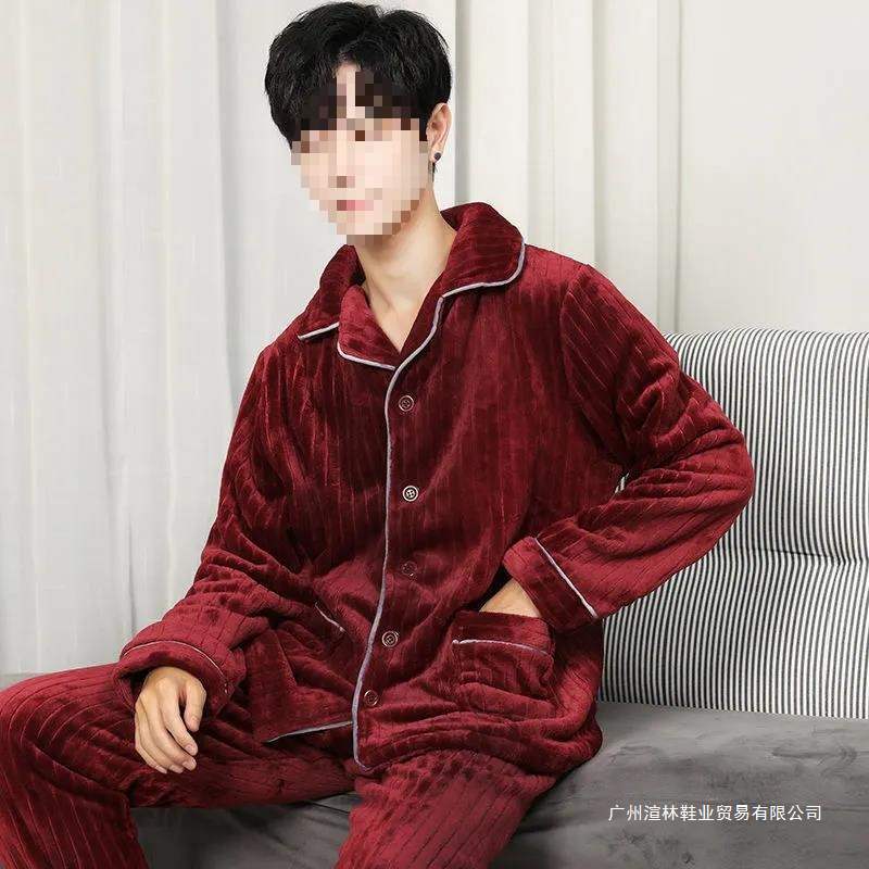 Pijama de hombre cuatro estaciones de flanel cuatro estaciones de coral de terciopelo conjunto de otoño y invierno juvenil calentamiento ropa de hogar grande