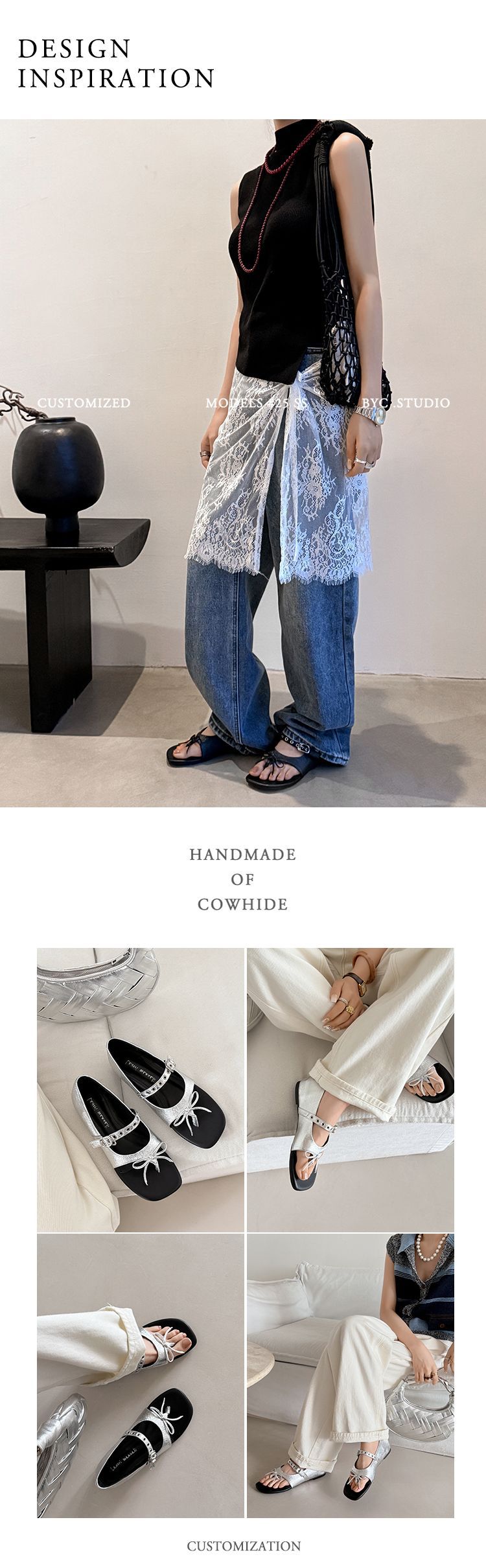 Sandal xỏ ngón đế bệt thiết kế độc đáo nơ bướm quai ngang La Mã — màu đen, màu mơ, bạc chi tiết 9