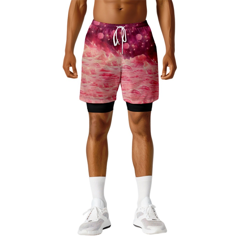 复古拼色跨境亚马逊新款3D数码印花运动假两件短裤男一件批发夏装