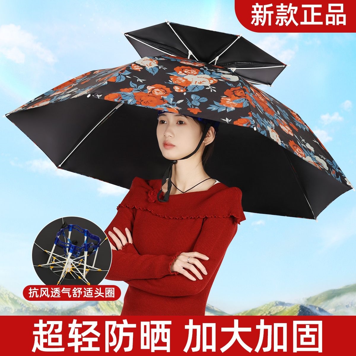 Umbrella hat, head-mounted umbrella hat, fishing head-mounted sun umbrella, outdoor tea-picking, sanitation, sun protection, large foldable conical umbrella