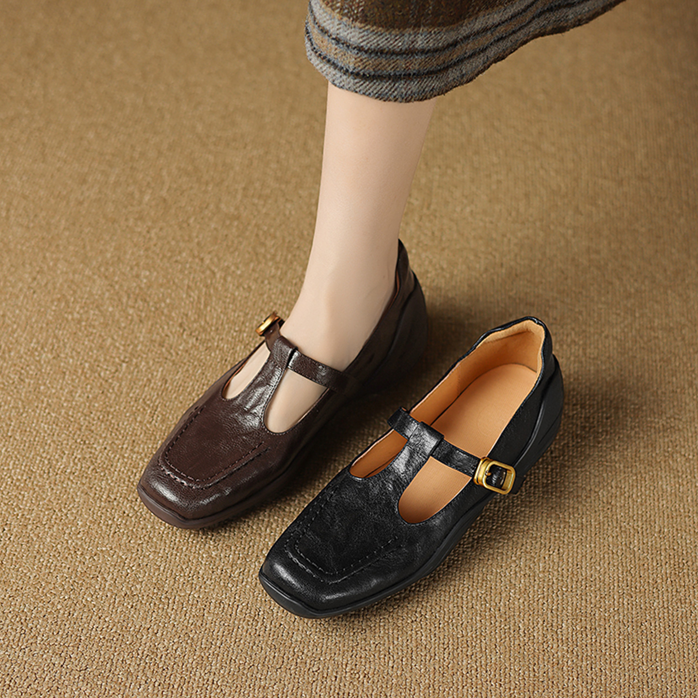 Giày sandal nữ quai ngang mũi nhọn đế dày da cừu buộc dây — màu nâu