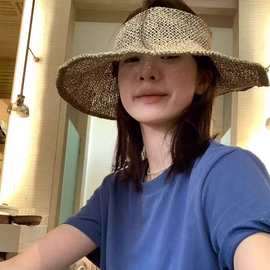 可折叠夏天粗麻草编空顶帽韩系卷边大檐遮阳草帽海边度假帽子