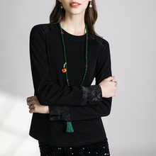 黑色新中式上衣高级感缎面拼接2025夏季新款提花国风盘扣圆领t恤