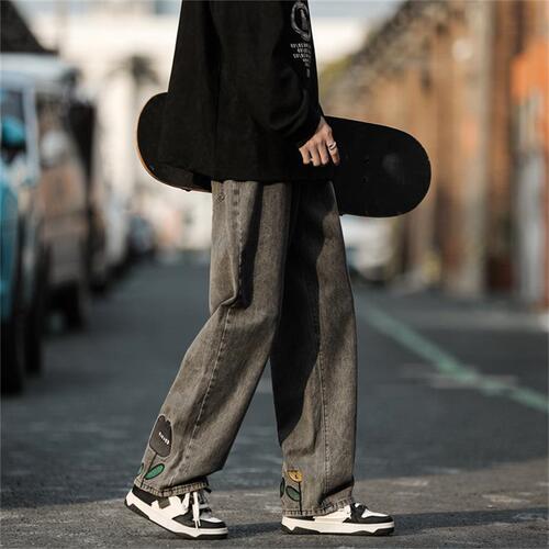 Black jeans for men, national trend embroidery, high street summer youth work pants, thin, nine-inch casual