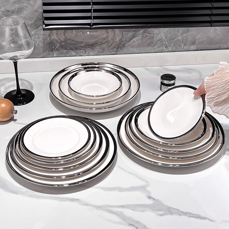 Ceramic Plate with Silver Rim, Western-Style Dinner Plate, Round Plate, Steak Plate, Pasta Plate, Cold Dish Plate, Bone Plate, Shallow Plate, Flat Plate, Tableware Ceramic Plate with Silver Rim, Western-Style Dinner Plate, Round Plate, Steak Plate, Pasta Plate, Cold Dish Plate, Bone Plate, Shallow Plate, Flat Plate, Tableware