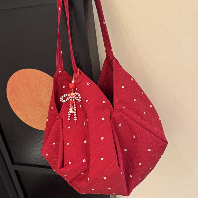 Korean-Style Red Plaid Canvas Bag for Women 2025 New Color-Blocking Woven Shoulder Tote Bag Commuter Handbag Shopping Bag