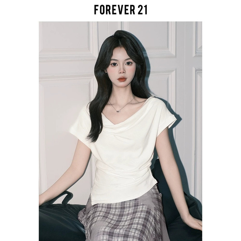 Forever21 French-Style White Cowl Neck Waist-Cinching Short-Sleeve Top for Women, 2026 Summer Super Stylish Off-Shoulder T-Shirt Forever21 French-Style White Cowl Neck Waist-Cinching Short-Sleeve Top for Women, 2026 Summer Super Stylish Off-Shoulder T-Shirt