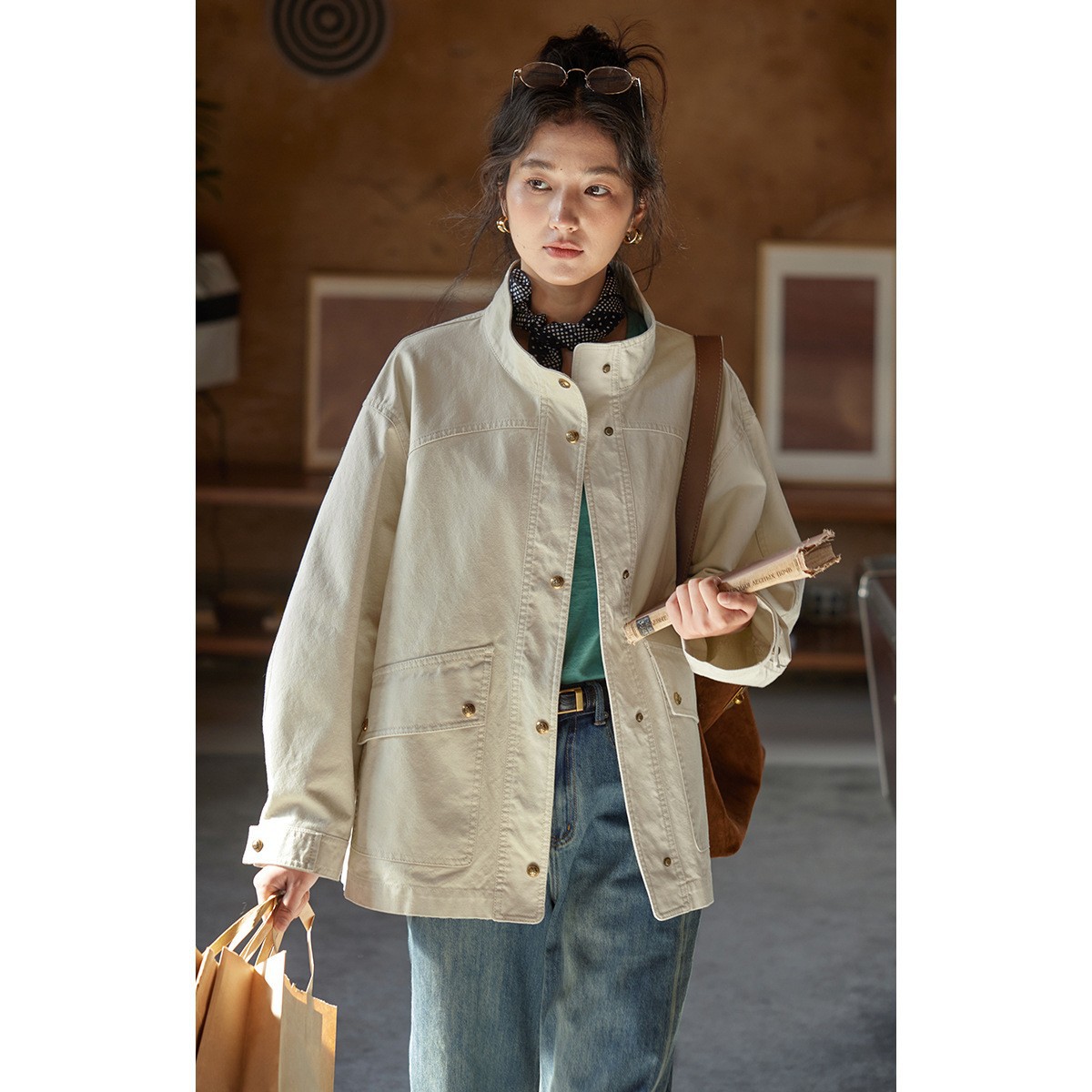 Solighter French Retro Stand Collar Loose Work Jacket Jacket for Women 2025 Autum New Style
