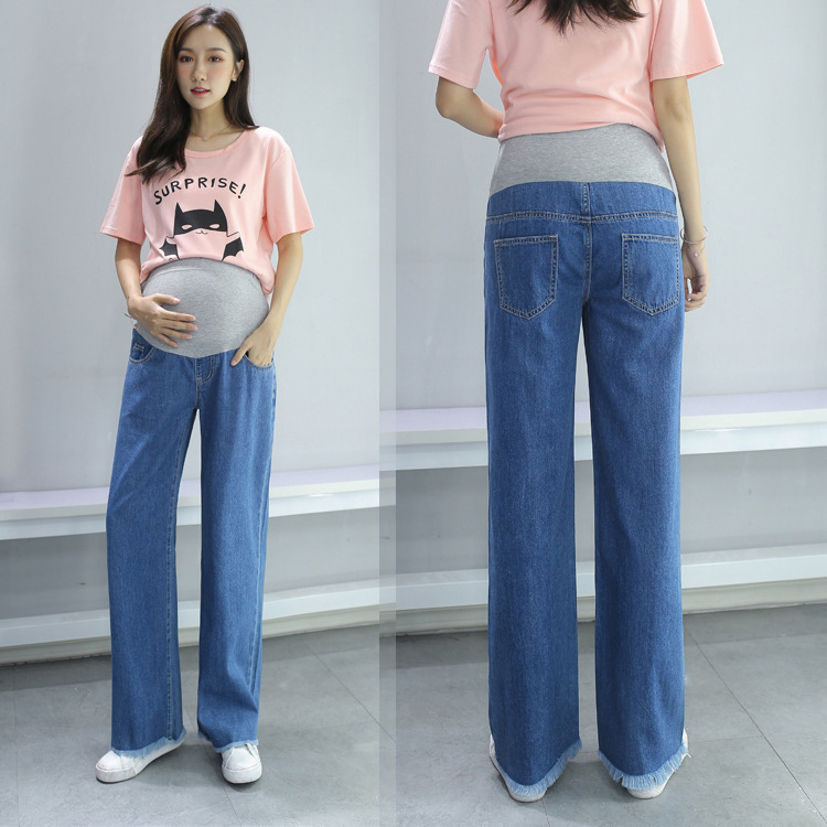 Maternity Jeans, Floor-Length Wide-Leg Denim Maternity Pants, Fashionable Straight-Leg Flared Pants, Loose Belly-Supporting Pants for Pregnancy