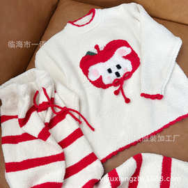 冬季新款半边绒苹果套头翻领睡衣女均码运动风简约女士家居服套装