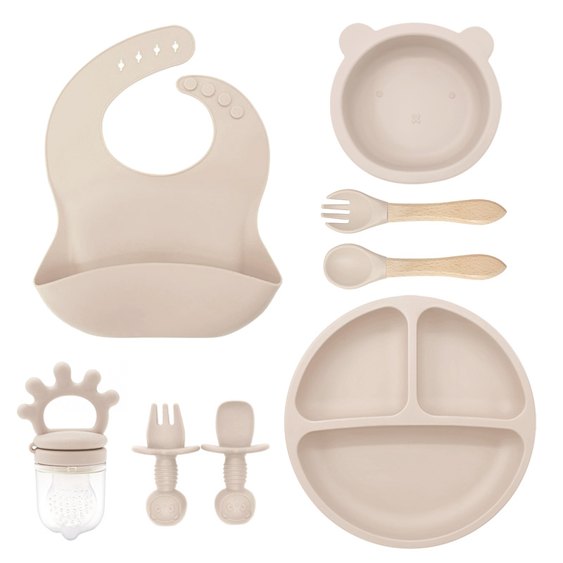 Set de ocho piezas (bazo + ventosa pequeña + cuenco de oso pequeño + crown bite + cuchara de tenedor de madera + cuchara de tenedor de oso pequeño) arroz blanco