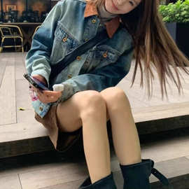欧货番qie妹妹2025秋季水洗蓝灯芯绒领复古落肩廓形牛仔夹克女