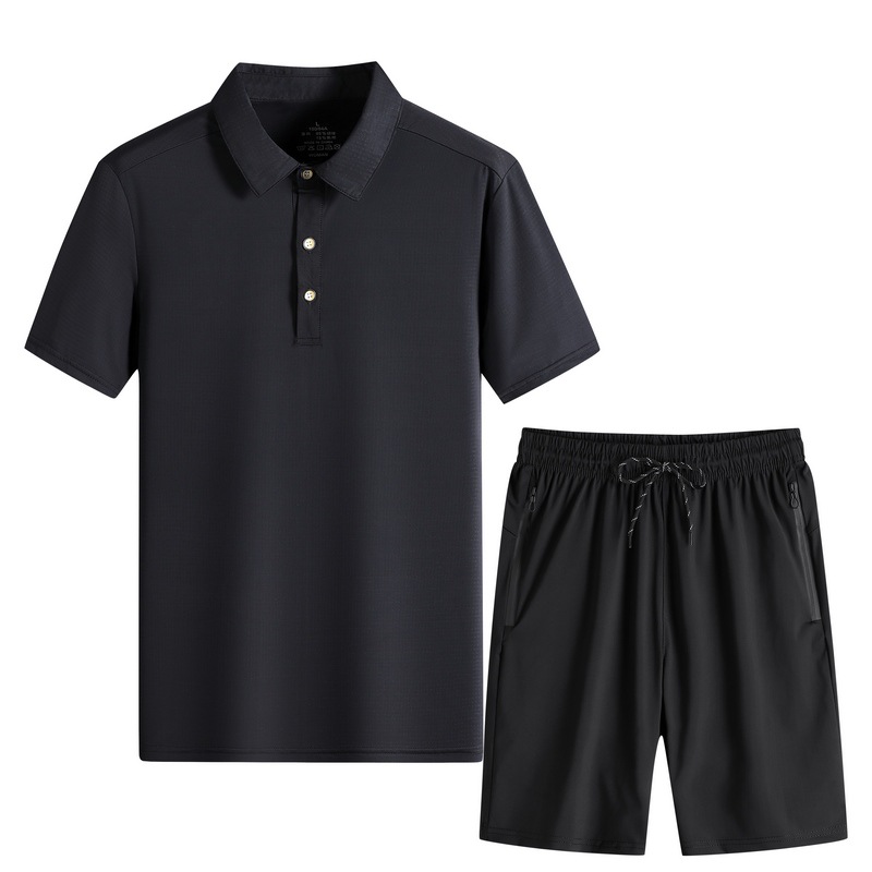 Comercio exterior polo para hombres 2026 nuevo seda de hielo secado rápido transpirable piel de mangas cortas pantalones cortos deportivos delgados dos piezas