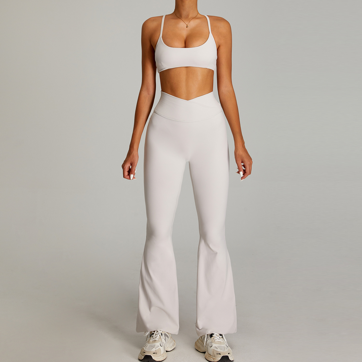 Traje de ropa de yoga desnuda de cintura alta cruzada transfronteriza, ropa de fitness ajustada de secado rápido para mujer, traje de carrera para deportes al aire libre