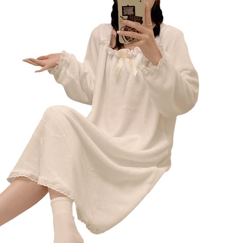 Otoño y invierno nuevo coral vello dulce vestido de pijama mujer grueso sobre la rodilla simple encaje princesa estilo vestido de pijama casero