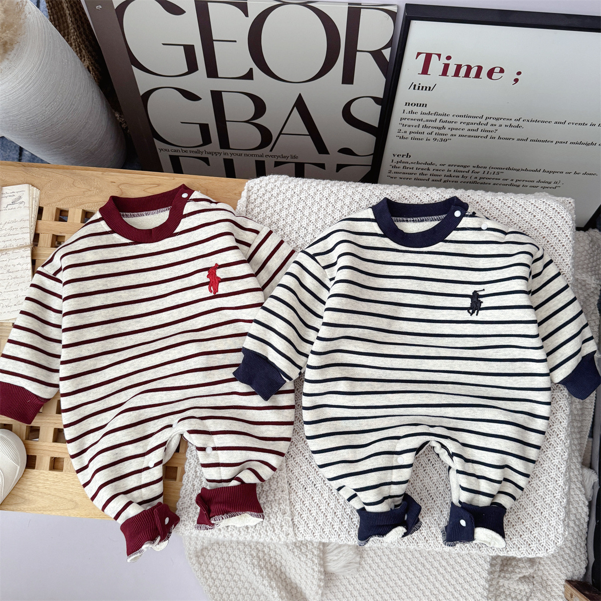 乐宾家潮款POLO色织条纹秋冬加绒男女宝宝连身衣外出服哈衣爬服