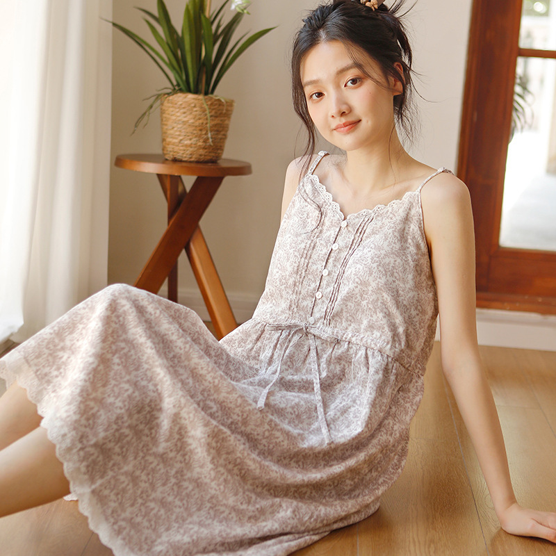 纯欲风夏季女款吊带无袖中长款睡裙纯棉纱布高级感家居服可外穿|undefined