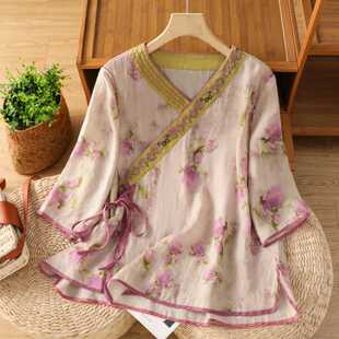 Real-Shot Artistic Retro Versatile Embroidered Shirt for Women, New Summer V-Neck Asymmetrical Print Loose Artistic Top