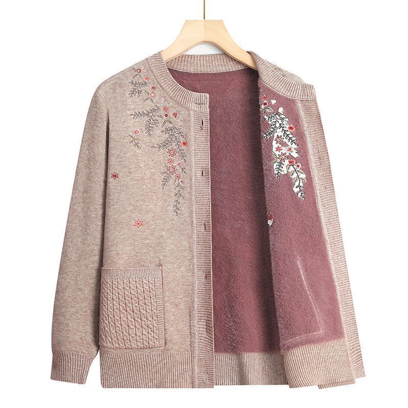 Middle-Aged and Elderly Women's Autumn and Winter Warm Sweaters, Grandma's Fleece-Lined Jacket, Embroidered Knitwear for Mothers, Old Lady's Clothing