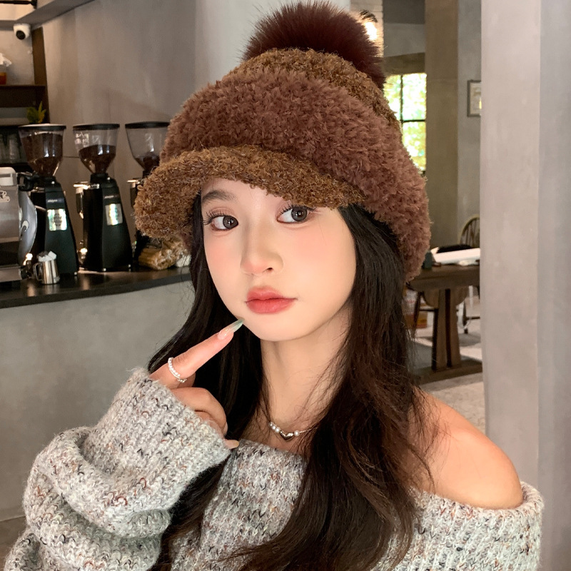 帽子女秋冬季可爱毛球加厚保暖毛绒帽韩系百搭鸭舌帽显脸小包头帽|undefined