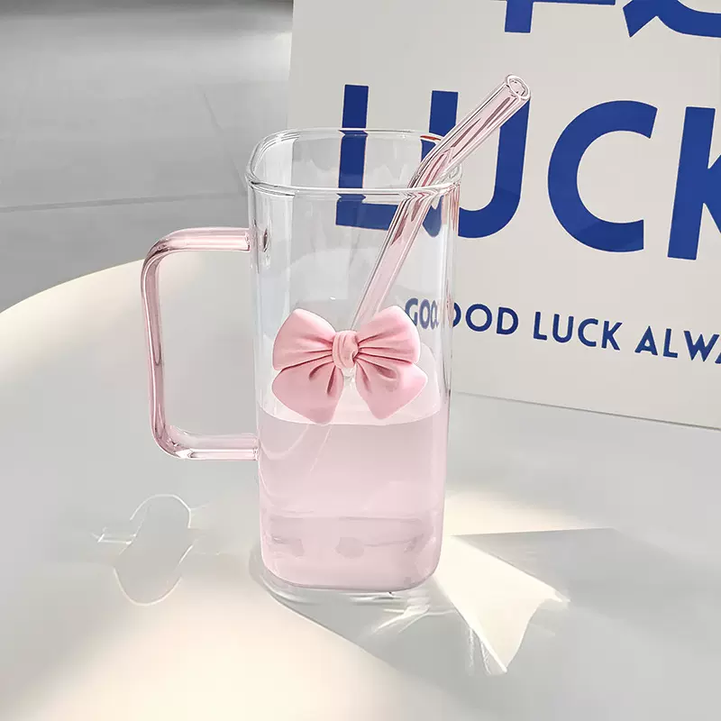 方形玻璃杯带把手水杯2025新款女高颜值杯子家用喝水吸管杯耐高温