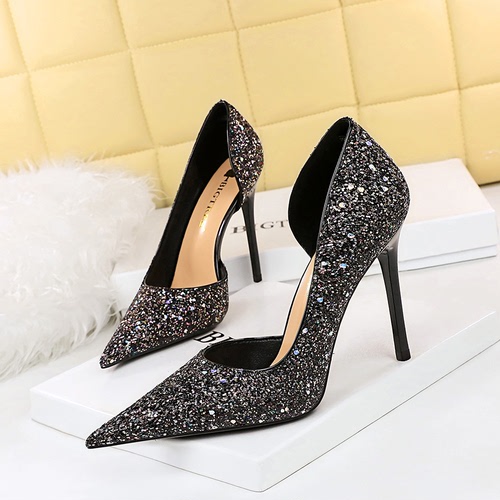 8829-3 sexy banquet high-heeled shoes with thin heels, super-high heels, shallow mouth, pointed side cut-out, glittering sequin shoes