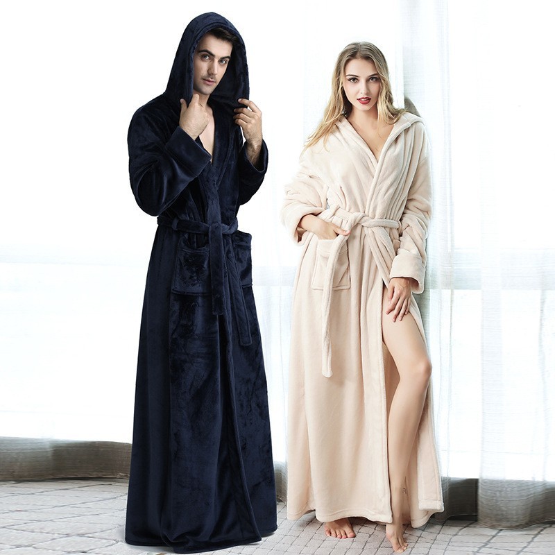 Autumn and Winter Thickened Long Bathrobe Women's Winter Coral Fleece Men's Hooded Pajamas Couple's Hooded Flannel Nightgown