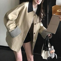 高智巴恩风 卡其色风衣撞色格纹拼接短款宽松外套女秋