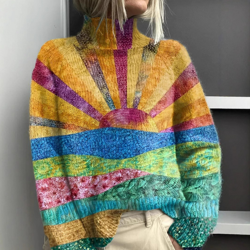 Foreign Trade Cross-Border 2026 Amazon New Printed Casual High-Neck Thick Striped Sweater Foreign Trade Cross-Border 2026 Amazon New Printed Casual High-Neck Thick Striped Sweater