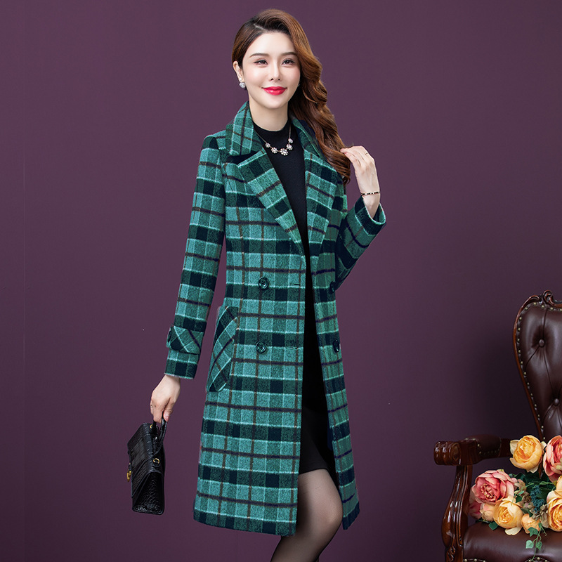 実写格子コート女性2023年冬の新型ファッション中年の母親服の中の長さの修身ラシャコート|undefined
