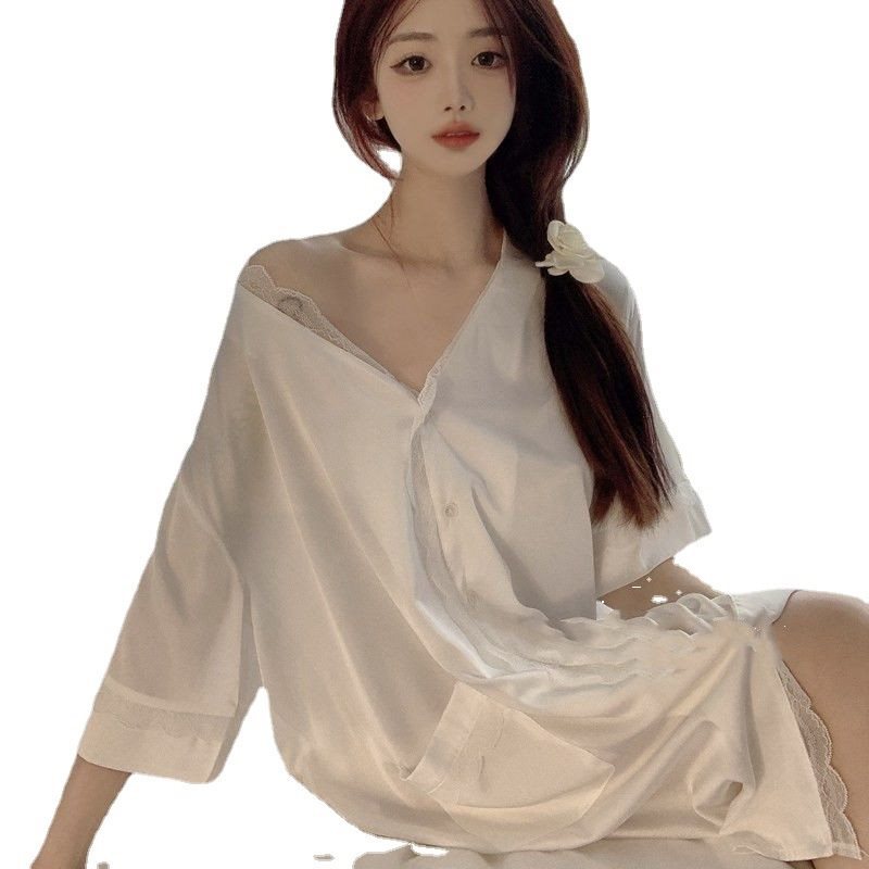 (2개) 나이트 드레스 여성 2023 새로운 잠옷 여름 느슨한 얇은 흰색 셔츠 레이스 여름 홈 옷