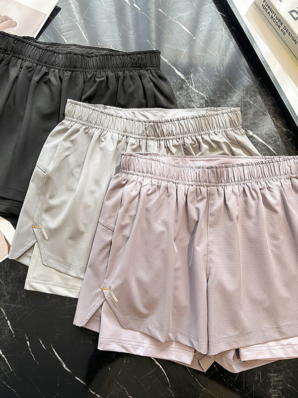 2025 New Fake Two-Piece Black Elastic High-Waisted Quick-Drying Breathable Anti-Glare Yoga Sports Shorts